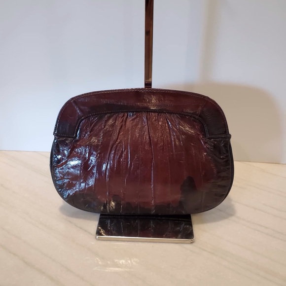 Vintage Dark Brown Genuine Eel Skin Leather Clutch Convertible Shoulder Bag - Picture 2 of 9